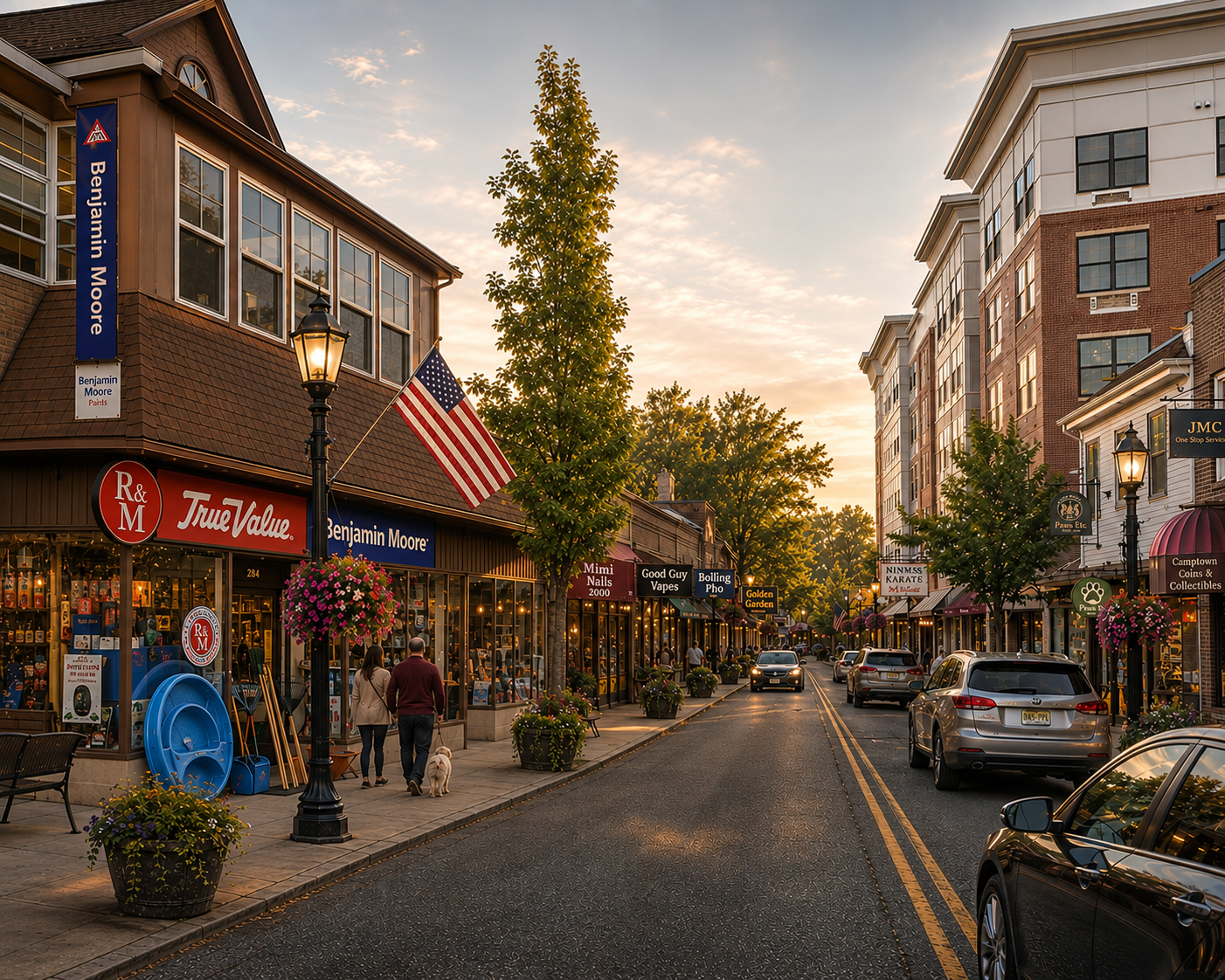 Shoppers strolling past storefronts on a sunlit small-town main street